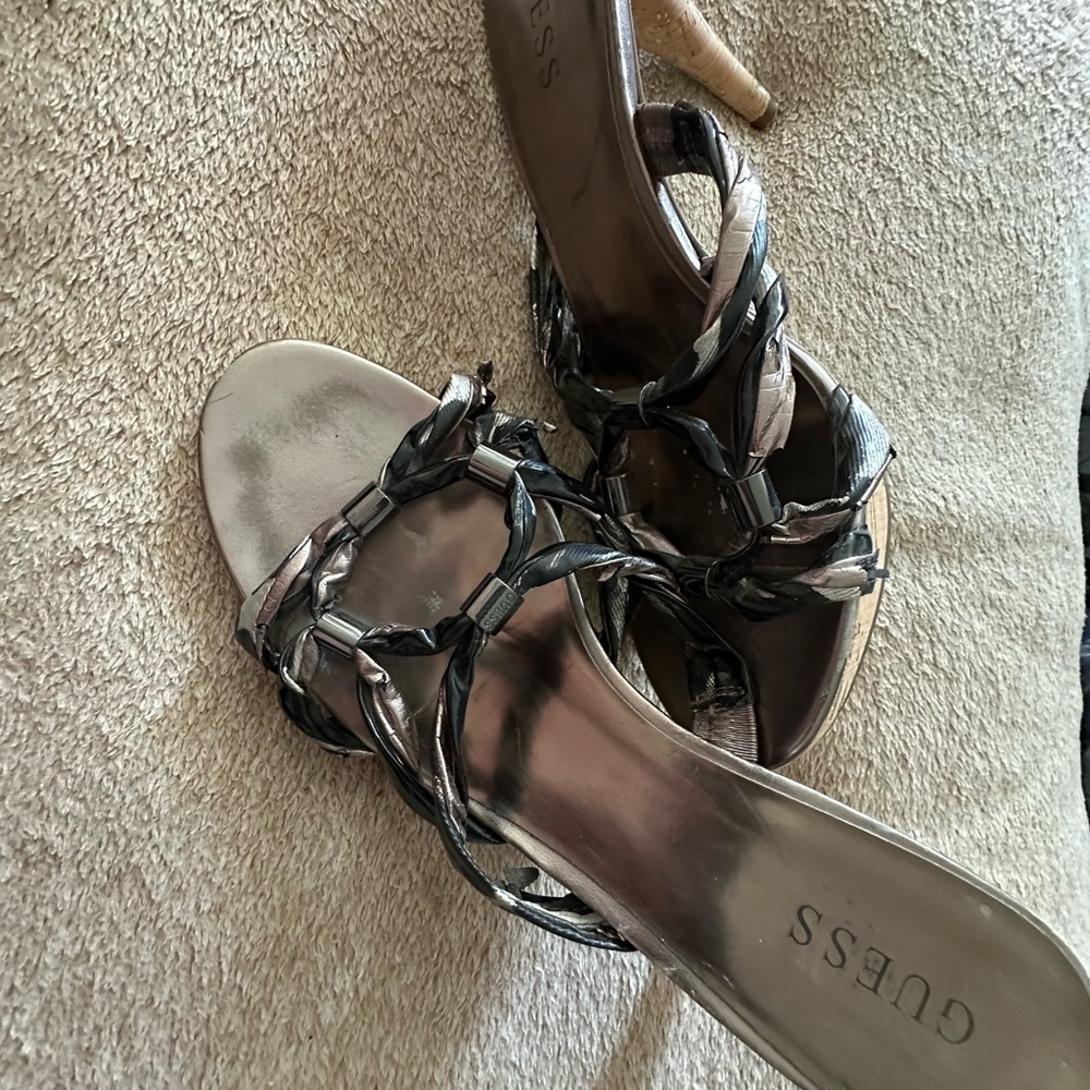 GUESS Metallic and Black Strappy Heels